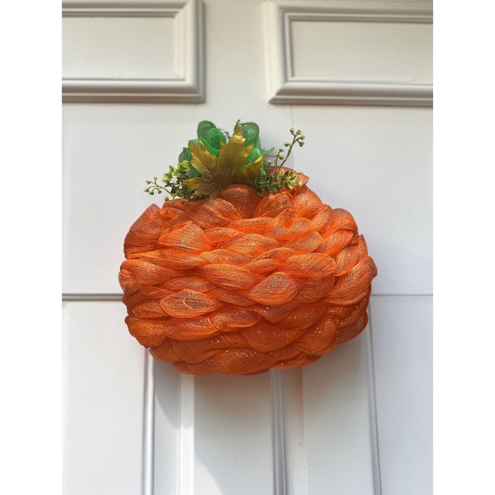 Handmade Orange Deco Mesh Pumpkin Wreath Fall Autumn Door Decor Thanksgiving